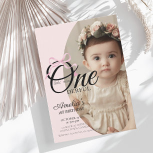 Modern Miss Onederful Pink Bow 1st Birthday Photo  Invitation