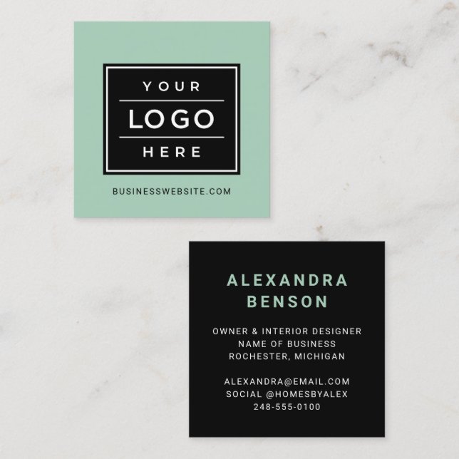 Modern Mist Green Custom Business Logo Square Business Card (Front/Back)