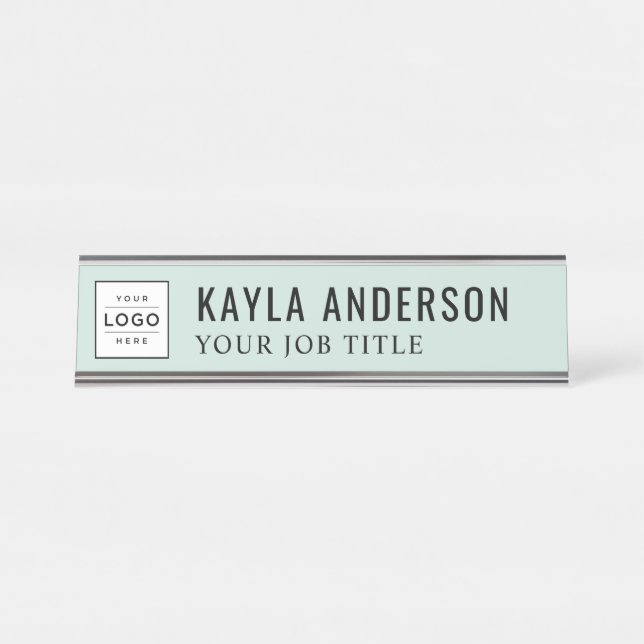 Modern Mist Green Personalised Business Logo Desk Name Plate (Front)