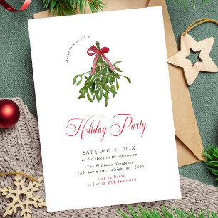 Modern Mistletoe Holiday Party Red Bow Christmas Invitation