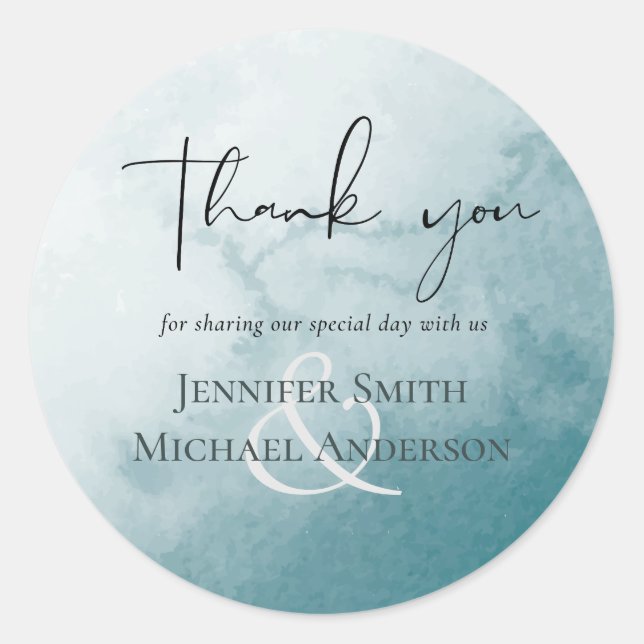 Modern Misty Blue Gold Wedding Classic Round Sticker (Front)