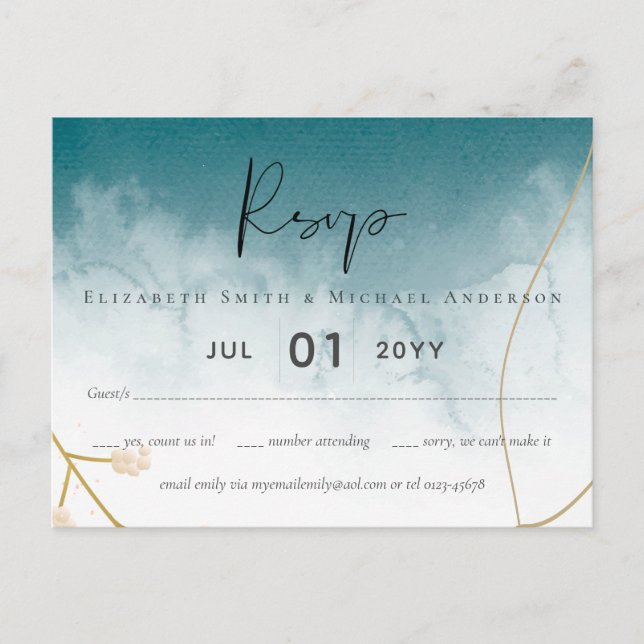Modern Misty Blue Gold Wedding Postcard (Front)