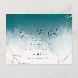 Modern Misty Blue Gold Wedding Postcard