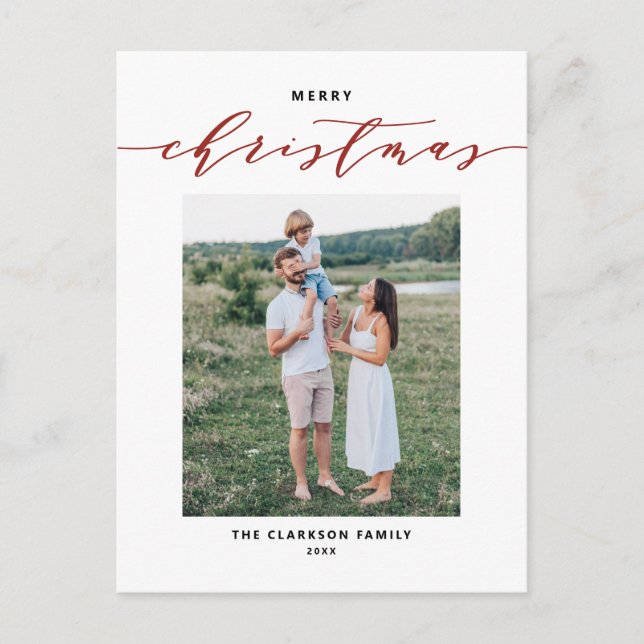 Modern Mix Typography Red Merry Christmas Photo Holiday Postcard (Front)