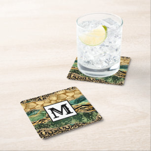 Modern Mixed Animal Print Monogram Square Paper Coaster