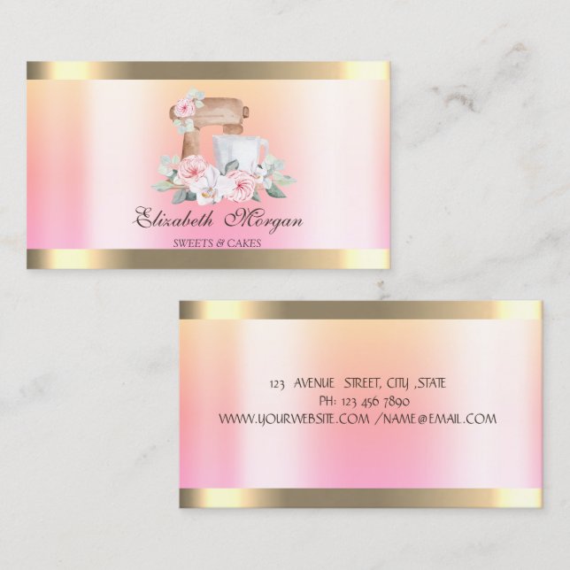 Modern Mixer Floral Gold Stripe Ombre Bakery   Business Card (Front/Back)
