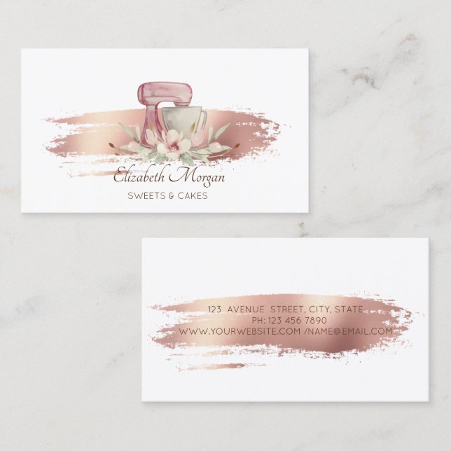 Modern Mixer Flower Brush Stroke Bakery White Business Card (Front/Back)