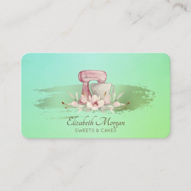 Modern Mixer Flower Rose Gold Brush Stroke Green Business Card (Front)