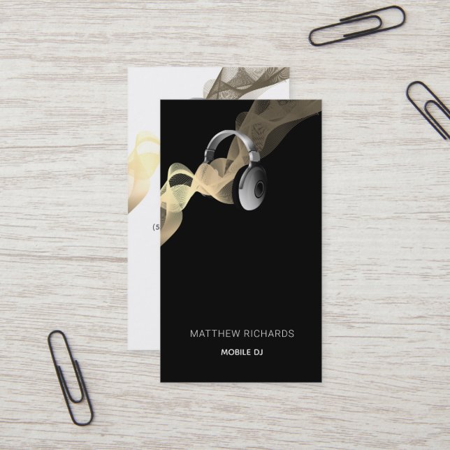 Modern Mobile DJ Black Gold Headphones Business Card (Front/Back In Situ)