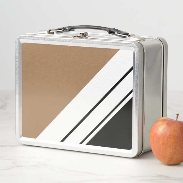 Modern Mocha Brown Black White Racing Stripes Metal Lunch Box (In Situ)