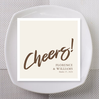 Modern Mocha Brown Brush Lettering Cheers Wedding Napkin