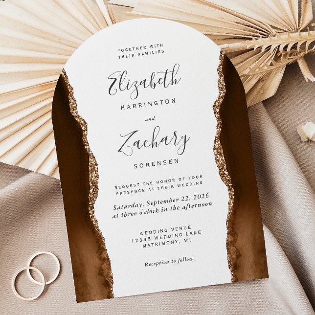 Modern Mocha Brown Gold Agate Arch Shape Wedding Invitation (Creator Uploaded)