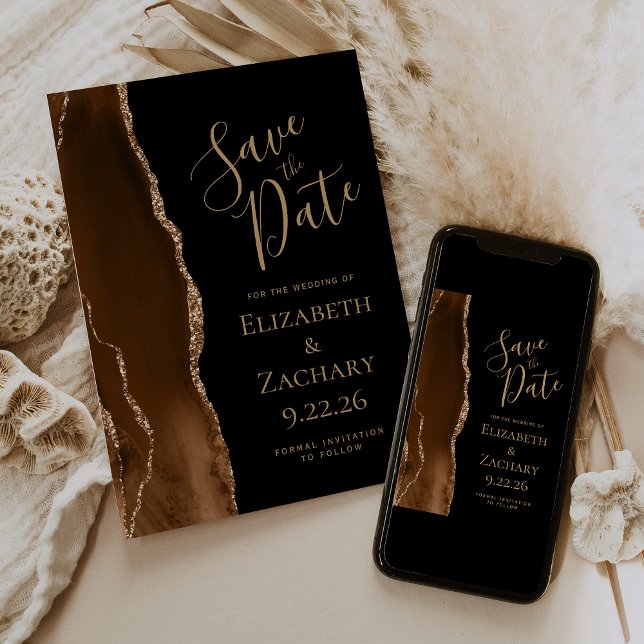 Modern Mocha Brown Gold Agate Black Save the Date (Creator Uploaded)