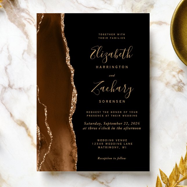 Modern Mocha Brown Gold Agate Dark Wedding Invitation (Creator Uploaded)