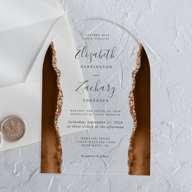 Modern Mocha Brown Gold Agate Wedding Arch Acrylic Invitations (Creator Uploaded)