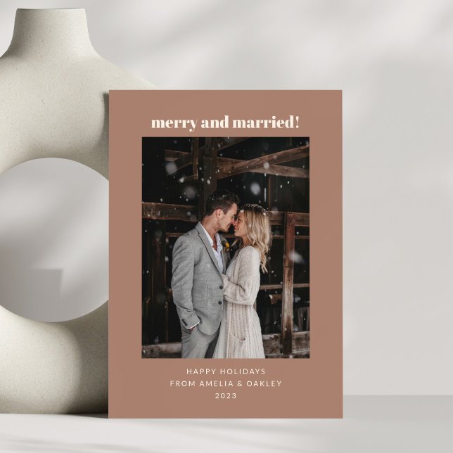 Modern Mocha Brown Merry Married Christmas Photo Holiday Card (Creator Uploaded)