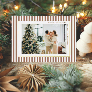 Modern Mocha Brown Stripes Photo Christmas Gold Foil Holiday Card