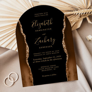 Modern Mocha Gold Agate Black Arch Shape Wedding Invitation