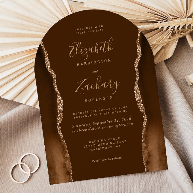 Modern Mocha Gold Agate Brown Arch Shape Wedding Invitation (Creator Uploaded)