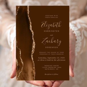 Modern Mocha Gold Agate Brown Wedding Invitation