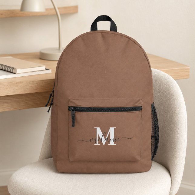 Modern Mocha Mousse Custom Monogram Name Backpack (Modern Mocha Mousse Custom Monogram Name Printed Backpack)
