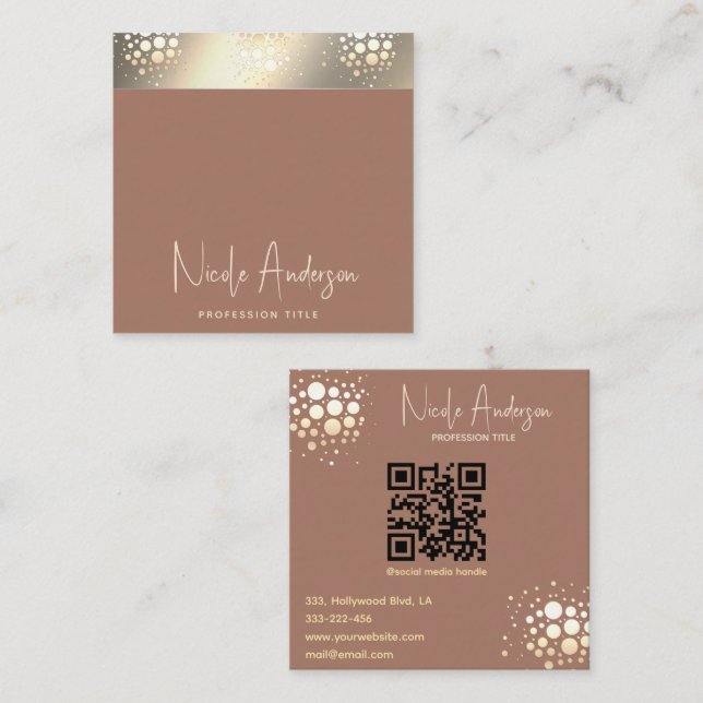 Modern Mocha Mousse luxury gold confetti QR code Square Business Card (Front/Back)