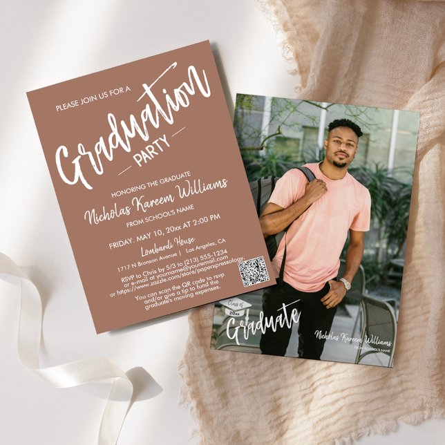 Modern Mocha Mousse QR Code Photo Graduation Party Invitation (Creator Uploaded)