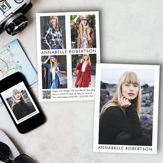 Modern Model Actor 5 Photo QR Code Comp Card (Customize to change background color, text size or text style. Available for prints and download.)