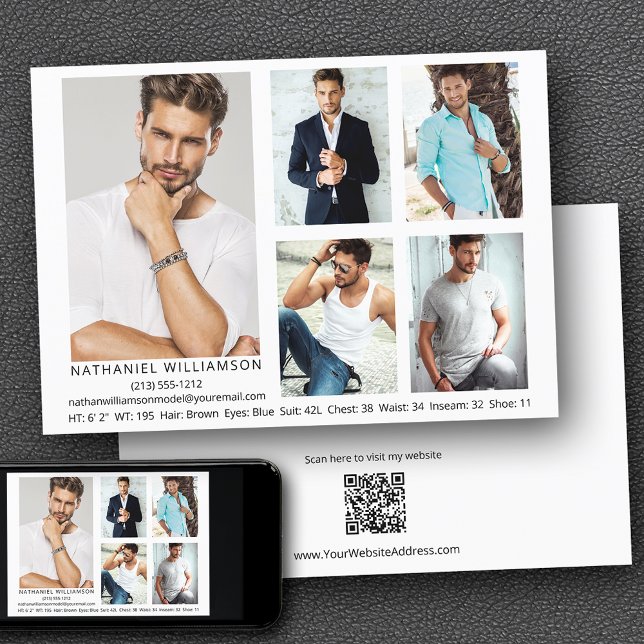 Modern Model Actor 5 Photos QR Code Back Comp Card (Customize to change background color, text size, style or to add more photos to back of card.)