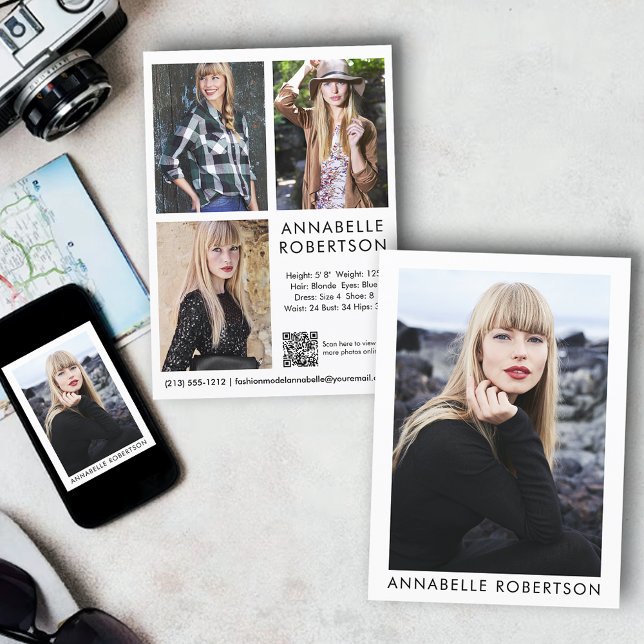 Modern Model Actor QR Code 4 Photo Comp Card (Customize to change background color, text size or text style. Available for prints and download.)