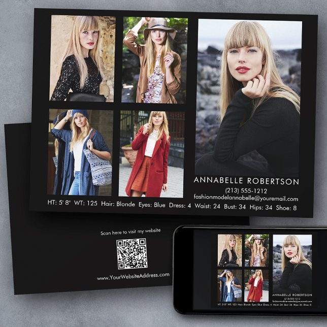 Modern Model Actor QR Code Back 5 Photos Comp Card (Customize to change background color, text size, style or to add more photos to back of card.)