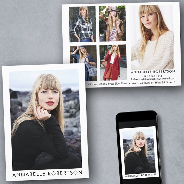 Modern Model and Actor 6 Photo Comp Card (Customize to change background color, text size or text style. Available for prints and download.)