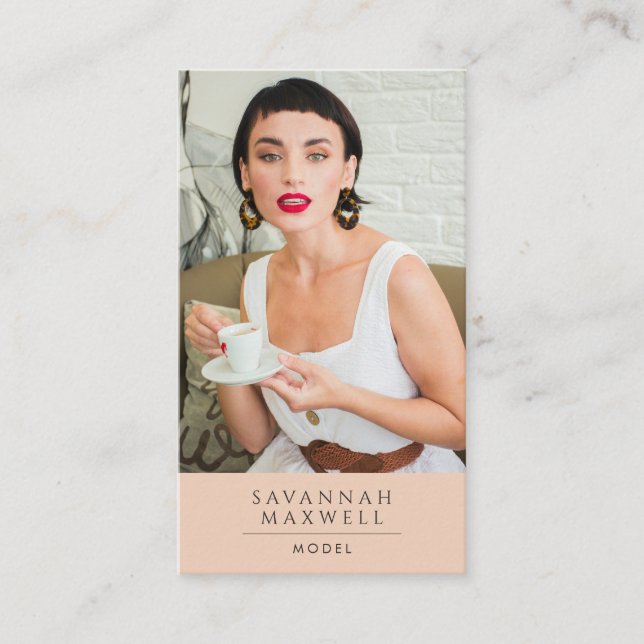 Modern Model Professional Photo Peach Pink Business Card (Front)