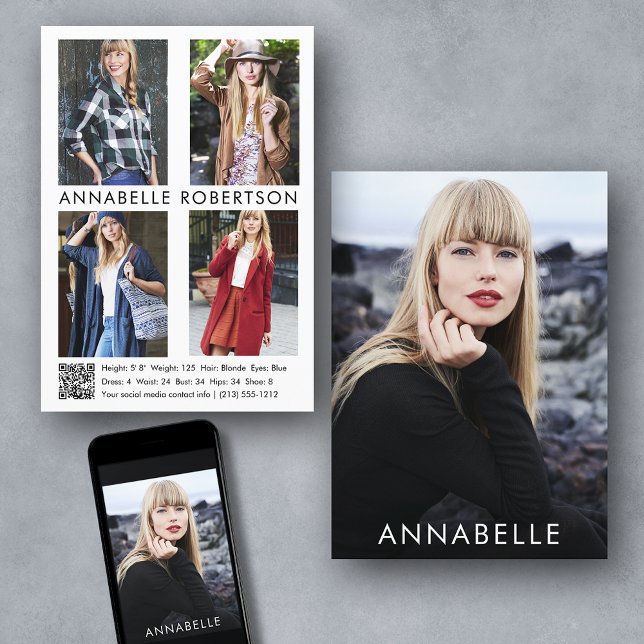 Modern Modelling 5 Photo QR Code Model Comp Card (Customize to change background color, text size or text style. Available for prints and download.)