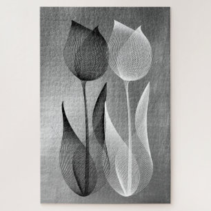   Modern Moiré Effect Tulip Black and White Floral Jigsaw Puzzle