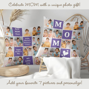 Modern MOM 12 Photo Collage Personalised Purple Cushion