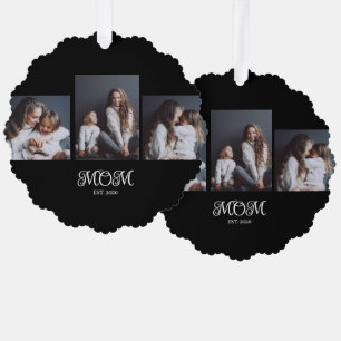 Modern Mom Established Script Black 3 Photo Tree Decoration Card