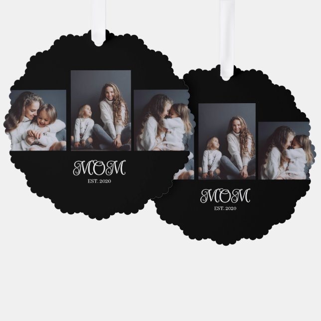 Modern Mom Established Script Black 3 Photo Tree Decoration Card (Front/Back)