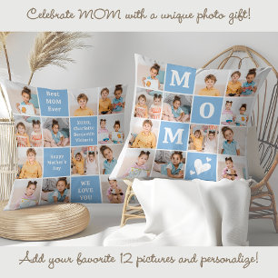 Modern MOM Personalised 12 Photo Collage Blue Cushion