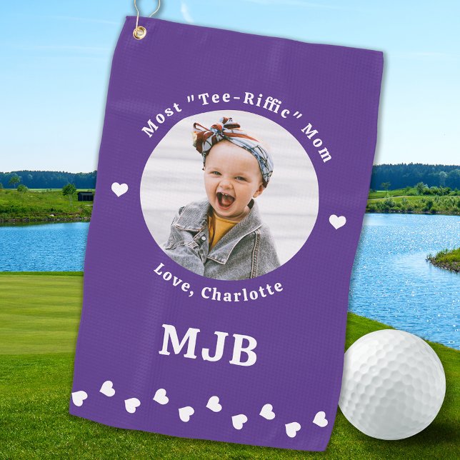 Modern MOM Personalised Photo Golfer Purple Golf Towel (Creator Uploaded)