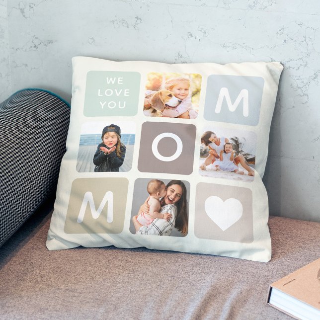 Modern MOM Photo Collage Mother's Day Cute Family Cushion (Hug mom love! Our modern Mother's Day pillow, featuring a cute family photo collage. )