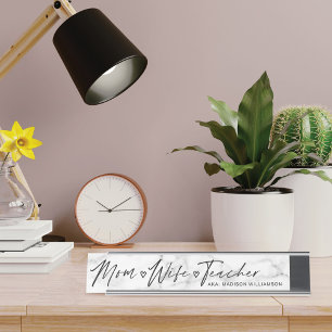 Modern Mom, Wife, Teacher White & Grey Marble Desk Name Plate