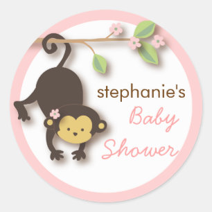Modern Monkey Sweet Girl Baby Shower in Pink Classic Round Sticker