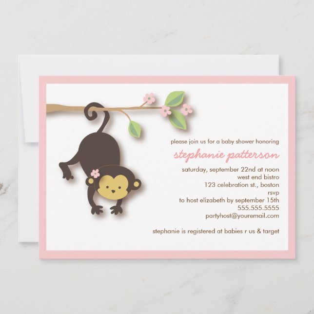 Modern Monkey Sweet Girl Baby Shower Invitation (Front)