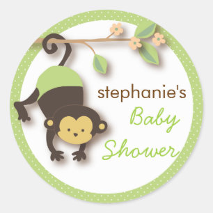 Modern Monkey Sweet Neutral Baby Shower   Green Classic Round Sticker