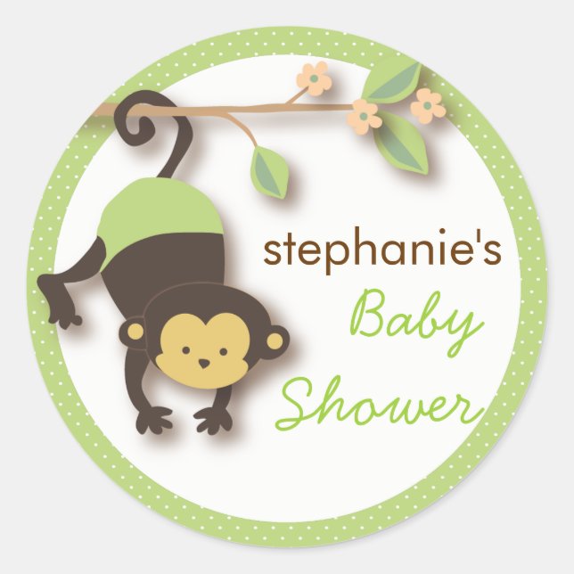 Modern Monkey Sweet Neutral Baby Shower | Green Classic Round Sticker (Front)