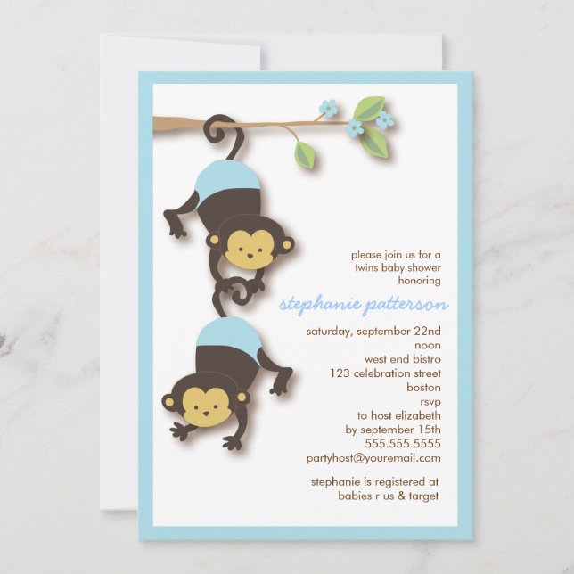 Modern Monkey Twin Boys Baby Shower Invitation (Front)