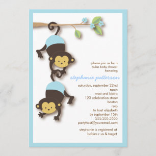 Modern Monkey Twin Boys Baby Shower Invitation