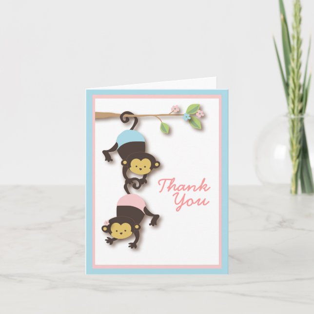 Modern Monkey Twin Girl & Boy Thank You Card (Front)