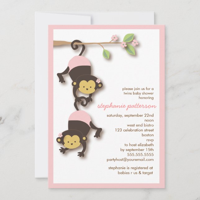 Modern Monkey Twin Girls Baby Shower Invitation (Front)